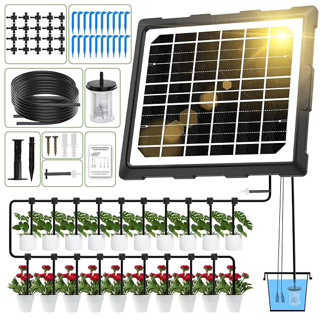 Sistema de riego por goteo solar con panel, bomba y temporizador