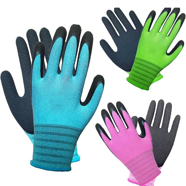Tres pares de guantes de jardín con palmas recubiertas de látex