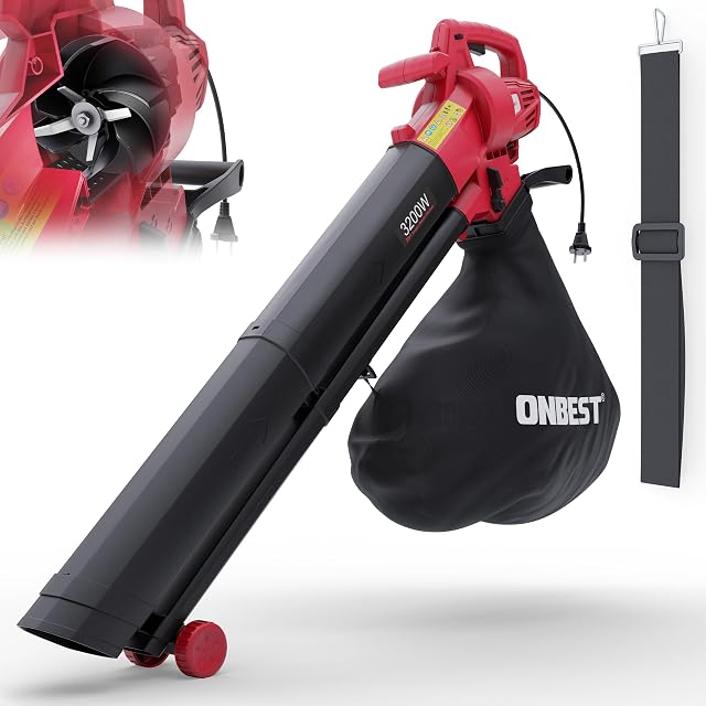 Soplador, aspirador y triturador de hojas eléctrico con cable ONBEST 3 en 1 con bolsa de 45 litros