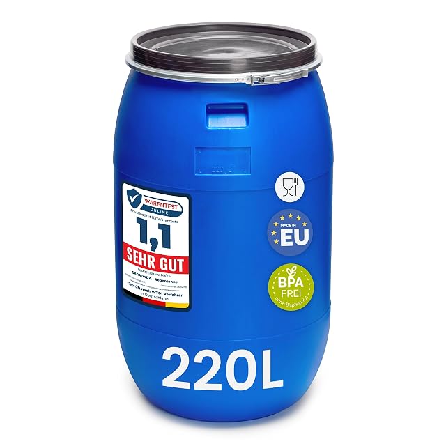 Bidón azul de boca ancha de 220 litros en HDPE con aro metálico