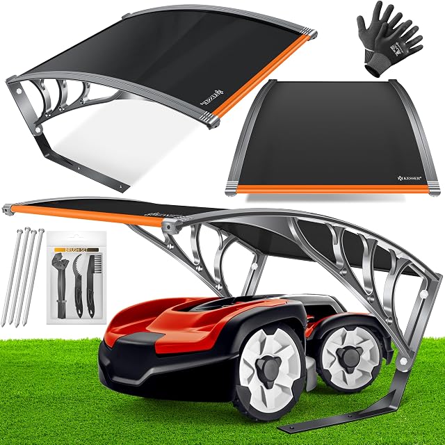 Garaje KESSER para robot cortacésped en negro y naranja con techo de policarbonato